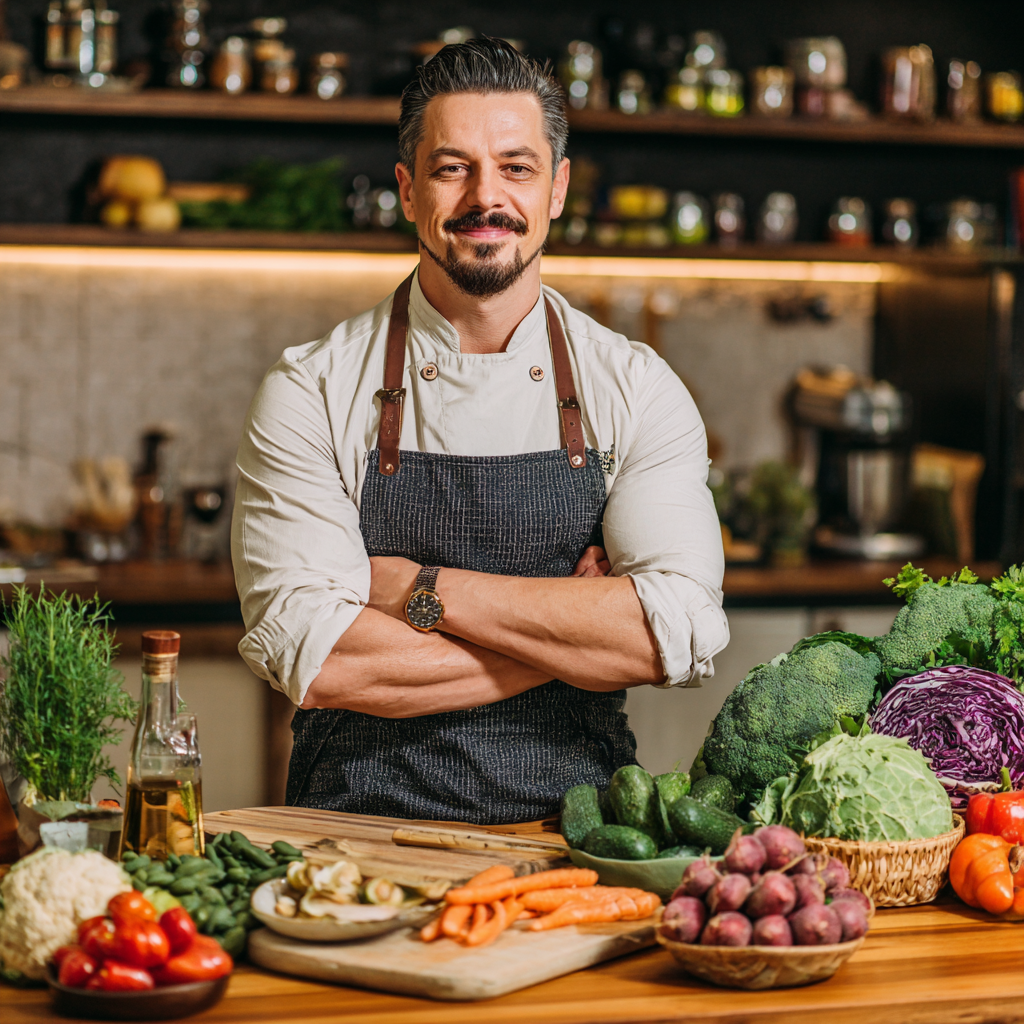 Happy Romanian family preparing healthy meals together in a modern kitchen, smiling while chopping fresh vegetables and organizing nutritious ingredients