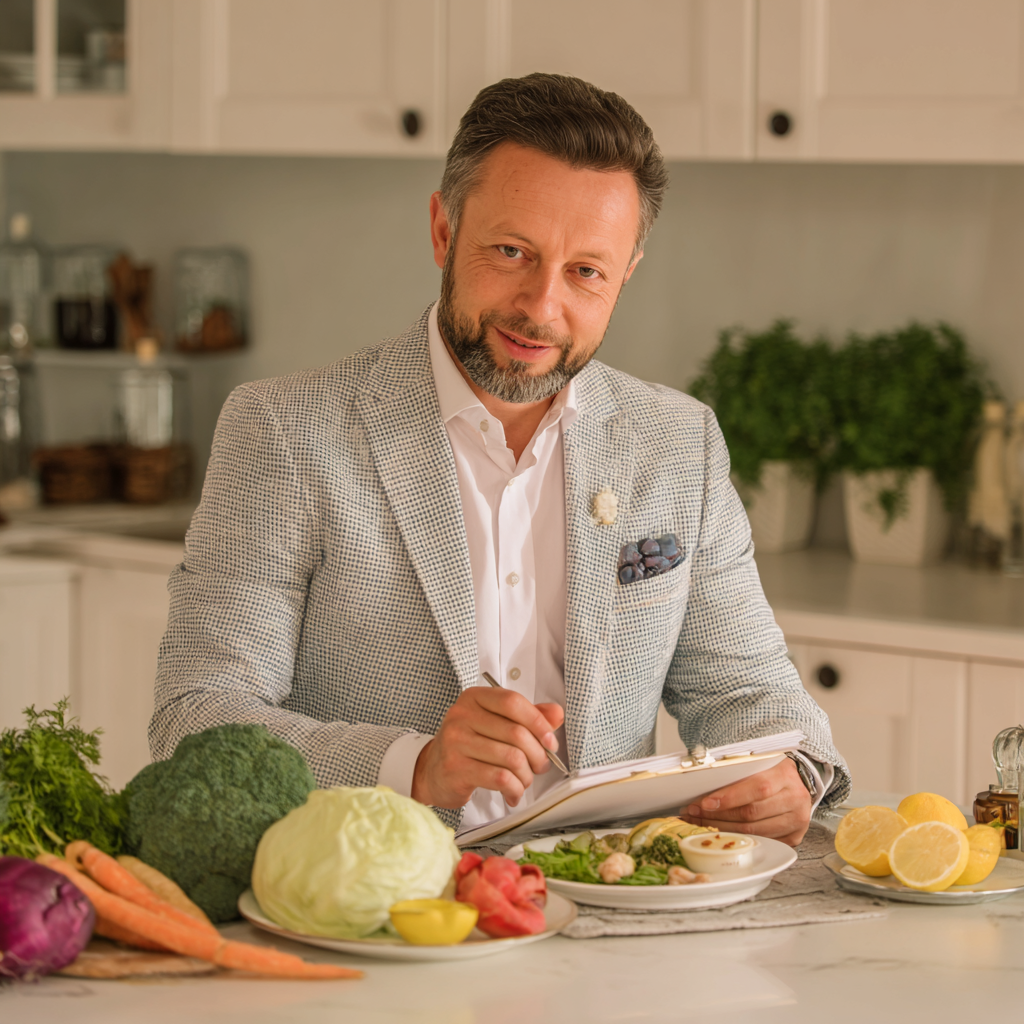 Romanian nutritionist consulting with middle-aged client, both smiling while reviewing personalized meal planning charts and healthy food options on a wooden table